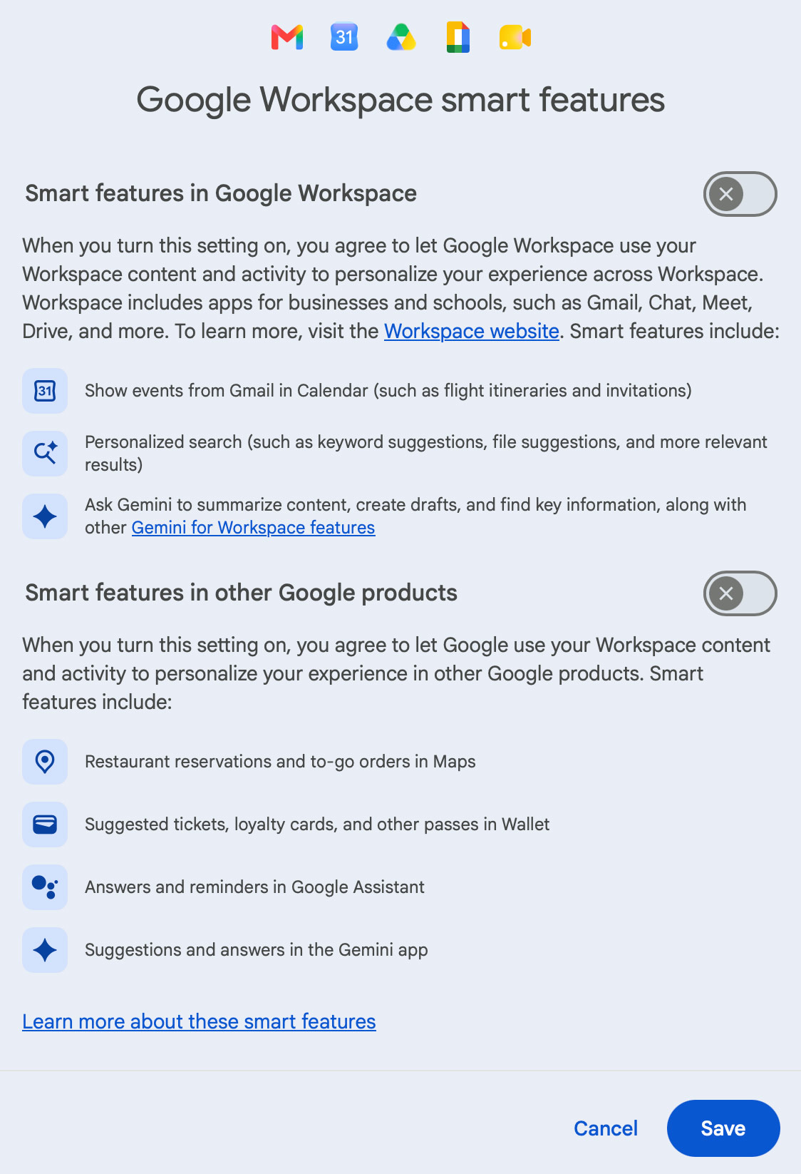 Google Workspaces Gemini privacy settings